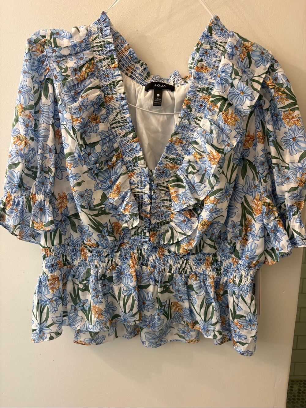 Aqua Blue and Cream Floral Ruffle Smocked Blouse